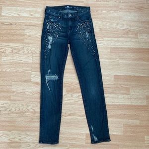 7FAM The Slim Cigarette Embellished Rhinestone Destroyed Dark Wash Jeans 26